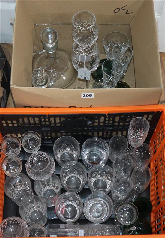 A quantity of mixed cut glass decanters, Mary Gregory etc